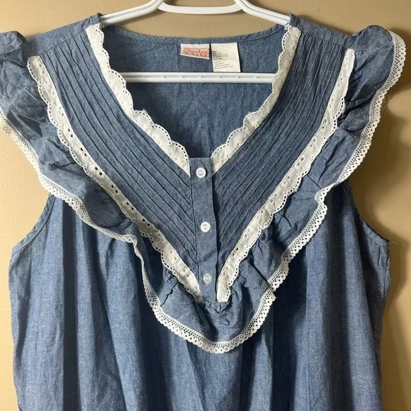 Vintage Prairie Cottagecore‎ Cotton Dress Sleeveless Ruffle Trim Lace Bib Yoke L - Picture 4 of 6